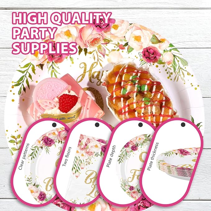 96Pcs 95th Birthday Decorations for Women Rose Gold Floral Party Plates and Napkins Disposable 95th Birthday Gifts Tableware Set for Women Fabulous Party Decorations Serves 24
