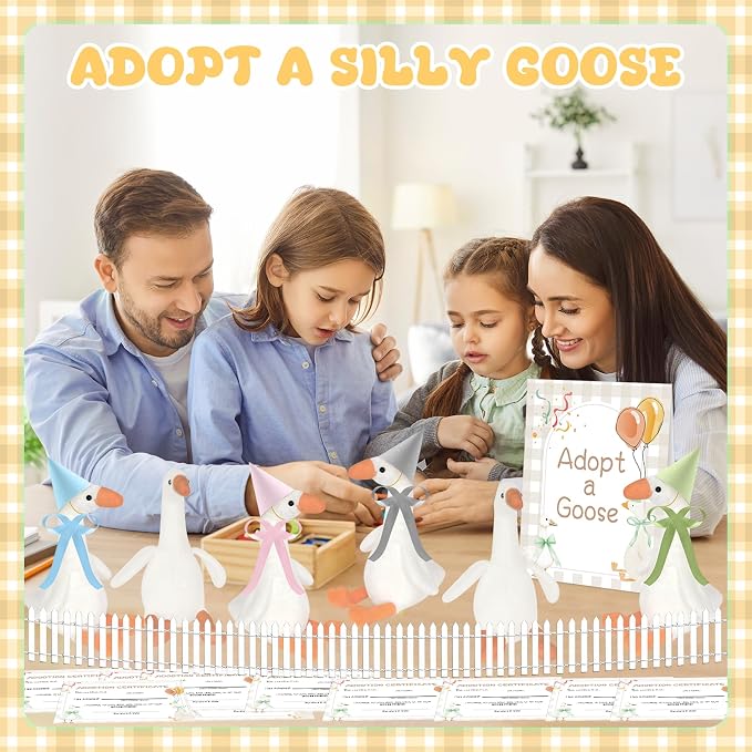 42 Pcs Adopt a Silly Goose Party Favor Include 12 Silly Goose Stuffed Animal 12 Mini Hat 12 Adoption Card 1 Adoption Sign 4 Ribbon 1 Fence for One Silly Goose Baby Shower Party 1st Birthday Decoration