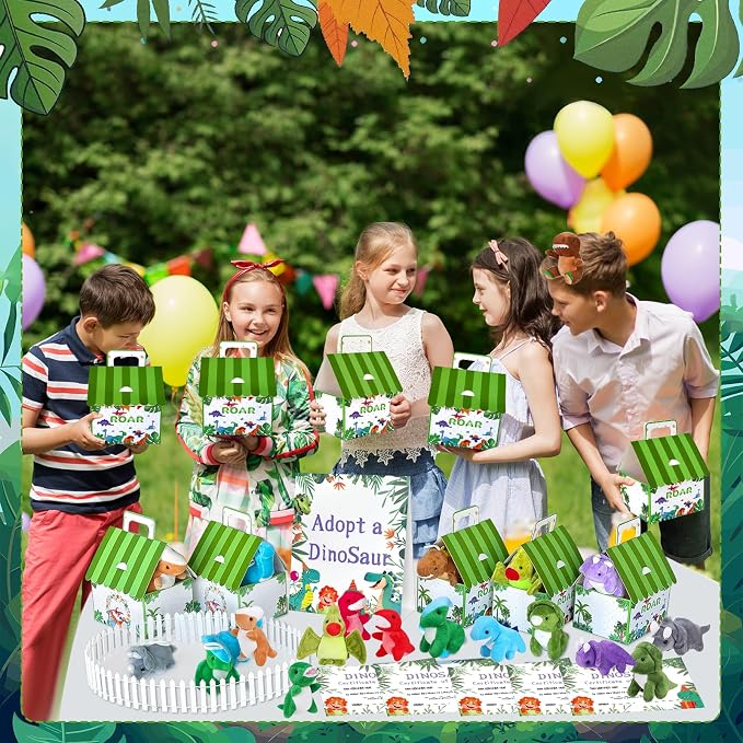 63 Pcs Adopt a Dinosaur Party Favors Include 20 Mini Dinosaur Stuffed Animals 20 Foldable House Gift Boxes 20 Adoption Card 1 Adoption Sign 2 Fence for Adopt A Pet Party Dino Birthday Supplies
