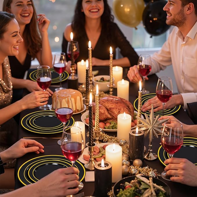 350 Pieces Black and Gold Plastic Plates with Disposable Silverware, Include 50 Dinner Plates 9”, 50 Dessert Plates 6.3”, 50 Black Cups 9 OZ, 50 Pre Rolled Napkins for Wedding/Party/Birthday/Halloween