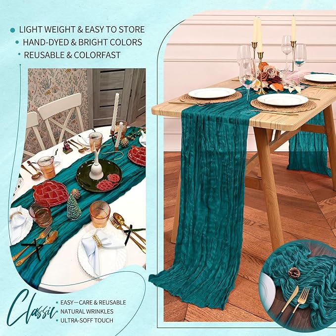 2 Pack Cheesecloth Table Runner 10FT Teal Table Runner Boho Gauze Cheese Cloth Table Runners Long Rustic Sheer Table Decorations for Wedding Party Baby Bridal Shower Birthday Holiday Home
