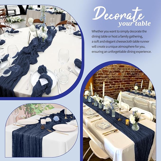 Navy Blue Cheesecloth Table Runner 6 Pack 10FT - Boho Gauze Sheer Rustic Crinkled Table Runners for Wedding Party Baby Shower Bridal Decor