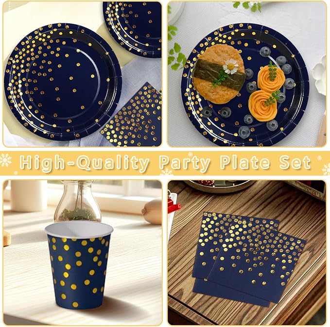 Nkaiso 193 Pcs Navy Blue Gold Paper Plates and Napkins Party Supplies Sets Include Navy Blue Party Plate Cup Napkin Plastic Cutlery for Baby Shower, Wedding, Birthday Decoration -24 Guest