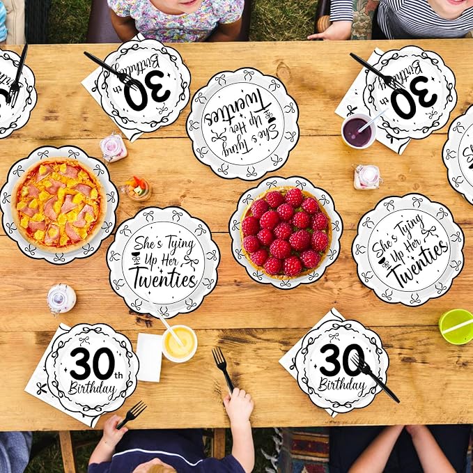 96Pcs Black Bow 30th Birthday Party Decorations, Serves 24 | She's Tying up Her Twenties Plates and Napkins Scalloped Black and White Bow Tableware Set for 30 Year Old Women Rip 20s Bday