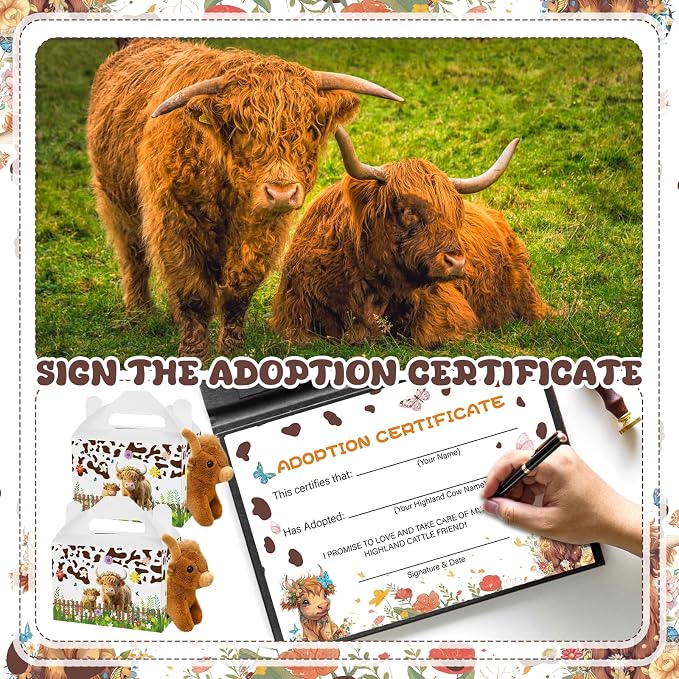 38 Pcs Adopt a Highland Cow Plush Party Favors Include 12 Highland Cows Stuffed Animal 12 Adoption Card 12 Cattle Theme Boxes 1 Adoption Sign 1 Fence for Birthday Party Favors Stress Relief Gifts