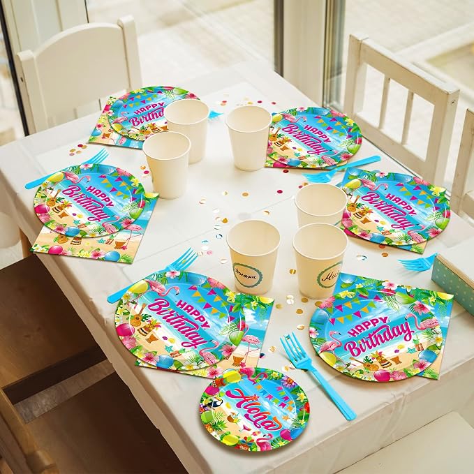 Kepeel 96 Pcs Hawaiian Aloha Party Decorations Supplies, Luau Tropical Birthday Party Plates Summer Beach Holiday Party Paper Plates Napkins Tableware Disposable Dinnerware Set , Serves 24