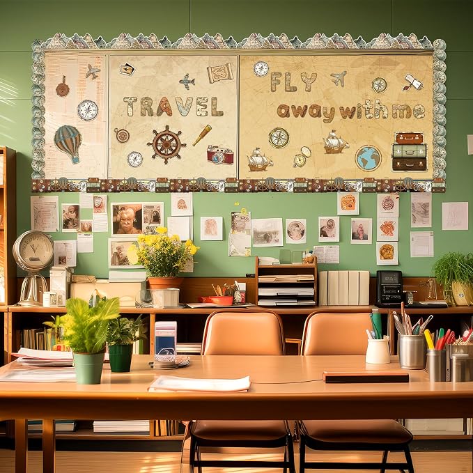 Kosiz World Map Bulletin Board Decoration Set 118 ft Scalloped Bulletin Board Borders Classroom Poster Border Trim with 257 Pcs Letter Number Symbol Cutout for School Decor