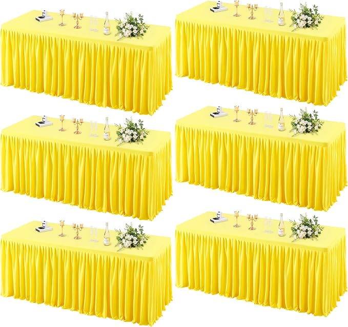 PARTISKY 6 Pack Yellow Tablecloths for Rectangle Tables 8ft, Wrinkle Resistant Spandex Table Cover Fitted Stretch Table Cloth with Pleated Ruffle Skirts for Party Banquet Dining Birthday Wedding