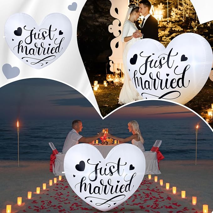 3.9 ft Wedding Inflatables Just Married Outdoor Decorations Heart LED Lighted Blow up Yard Decorations for Wedding Anniversary Garden Lawn Romantic Party Supplies