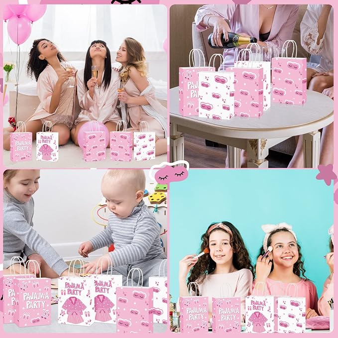 Outus 24 Pcs Sleepover Party Paper Bags Pink Slumber Glamper Pajama Favor Bags with Handle for Birthday Sleepover Breast Cancer Awareness Party Favors