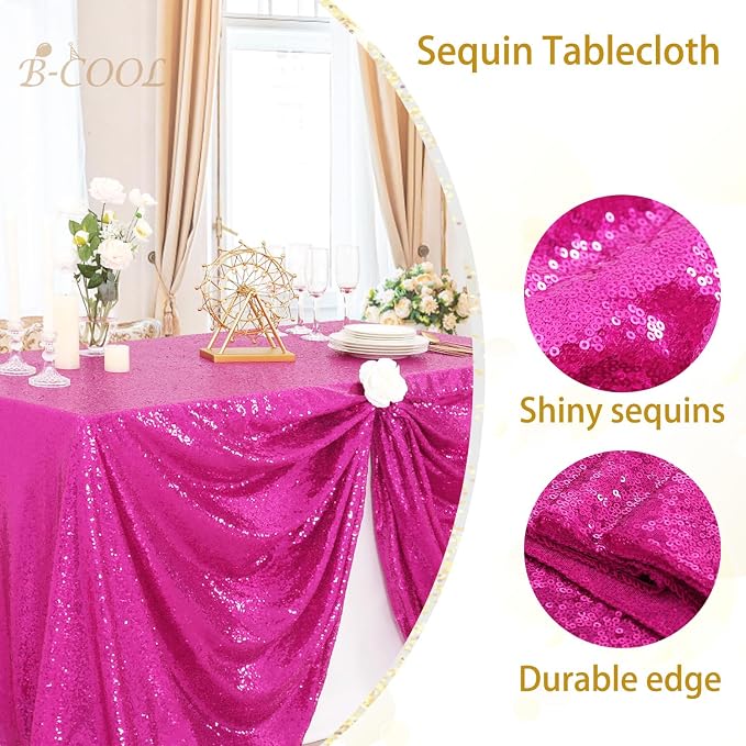 B-COOL Rectangle Fuchsia Sequin Tablecloth Glitter Tablecloth Wedding Party Sequence Table Cloth for Christmas 60x102-Inch