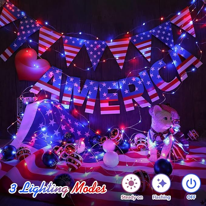 QITONG Red White and Blue Patriotic Fairy Lights Battery Operated, 8 Pack Each 16ft 50 LED 4th of July Lights Outdoor Waterproof, Silver Wire Christmas Twinkle Mini Lights for Memorial Independence