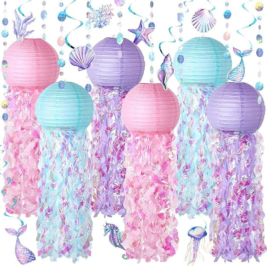 18 Pcs Mermaid Party Decorations Jellyfish Paper Lanterns Hanging Mermaid Garland Under The Sea Ocean Theme Party Supplies for Baby Shower Birthday Classroom Decoration