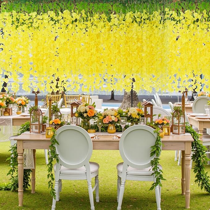 24Pcs Artificial Wisteria Hanging Flowers, 3.6Ft/Pcs Yellow Fake Wisteria Garland for Wedding Party Home Garden Indoor Outdoor Decoration