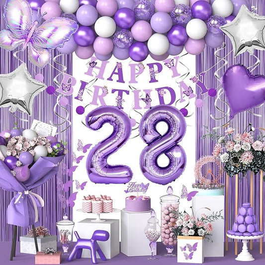28th Purple Birthday Decorations for Women, Purple Pink 28th Birthday Decorations Butterfly Theme Lavender Party Decor Set with Number Balloons, Banner, Sash, Butterfly Stickers