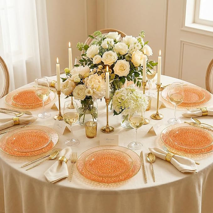 I00000 150Pcs Clear Orange Plastic Plates with Gold Rim,Orange Disposable Plastic Plates,Gold hammer patterned Disposable plates Set include 30 Dinner Plate,30 Dessert Plate,90 Silverware Set