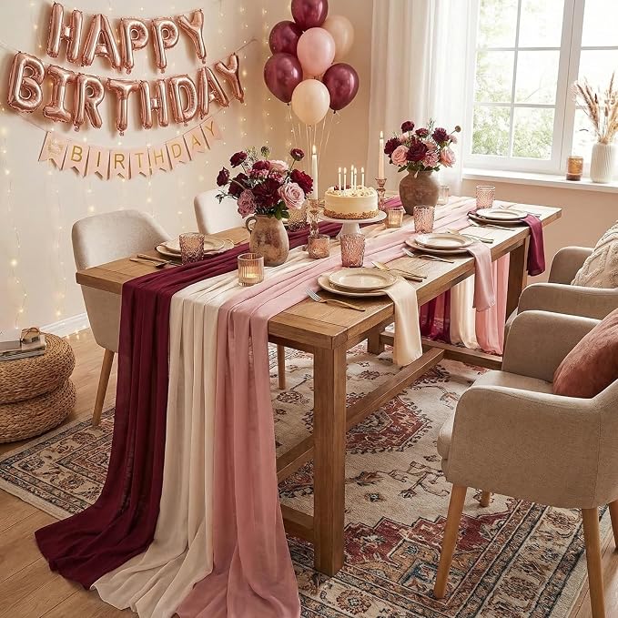 Boao 6 Pcs Burgundy Party Decorations Table Runner Cloth 10Ft Boho Sheer Rustic Fabric for Wedding Birthday Party Baby Bridal Shower Graduation Dawn Sunset Decor