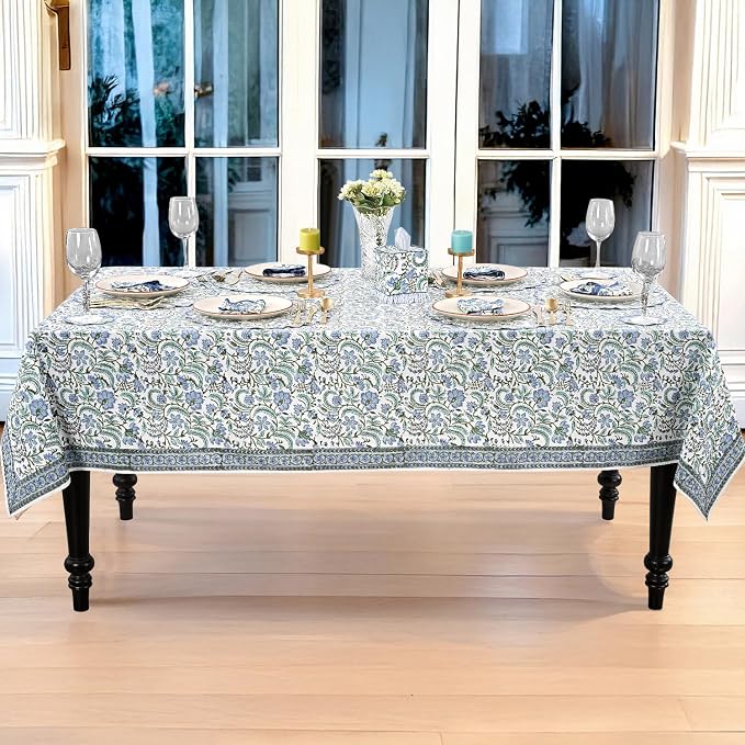 Ridhi Columbia Blue Hand Block Print Cotton Rectangle Tablecloth 120" x 80" inches Reusable Table Cover Decorative Everyday Use for Dining Room, Farmhouse, Home Gift for Spring, Mother's Day