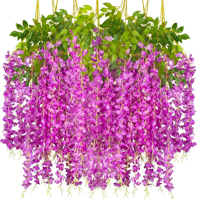 AITISOR 12 Pack Artificial Flowers Silk Wisteria Vine Ratta Hanging Flower (Purple)