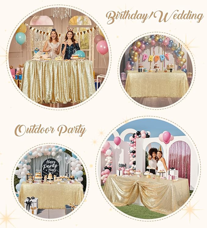 Juya Delight 60" x 120" Light Gold Rectangle Sequin Tablecloth for Party Dinner Banquet Festival Wedding Anniversary Exhibition Dessert Table