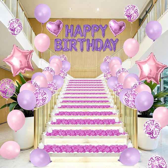 Purple Pink Happy Birthday Balloons Decorations Pink Purple Birthday Balloon Letters Banner with Star Heart Balloon 1000 Pcs Artificial Rose Petals 24 Flameless LED Candles for Birthday Party Supplies