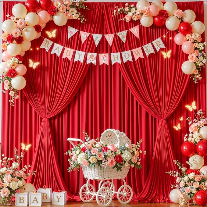 50ftx12ft Wrinkle Free Red Backdrop Curtain, 10 Panels 12FT Long Wedding Photo Backdrop Drapes, Silky Polyester Back Drop Cloth for Birthday Photography Background Party Backdrop Draping