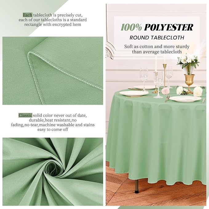Pesonlook 12 Pack Round Tablecloth-120 Inch Sage Green Table Cloth Polyester Round Table Cover Tablecloths Washable Fabric Table Cover for Wedding/Party/Banquet/Dining/Buffet (Sage Green/120 Inch)
