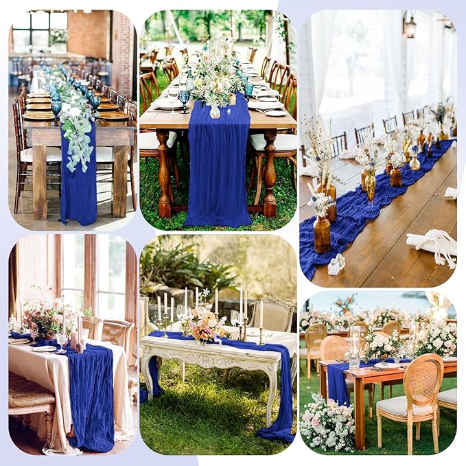 Pesonlook 12 Pack Royal Blue Cheesecloth Boho Table Runner, 10FT Long Semi-Sheer, 21.5' W x 120' L, Polyester, Solid, Wedding & Party Decorations