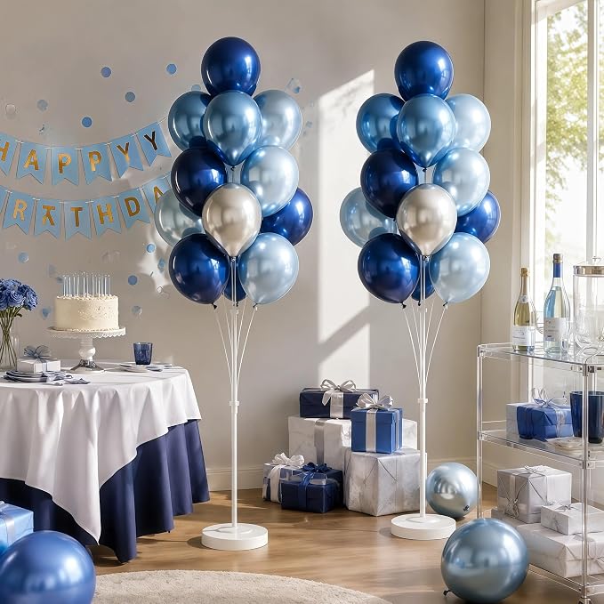 Balloon Column Stand Kit,2 Sets of Assorted Rainbow Balloon Tower Pillar with 10inch Bright Color baloon Reusable Design for Grirls Party,Birthday, Wedding,Baby Shower (Metallic Blue Sliver)