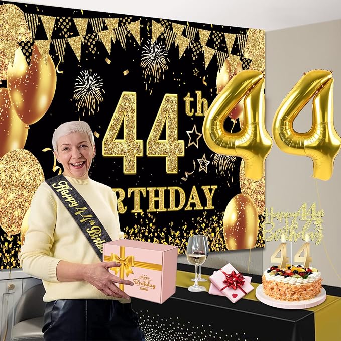 44th Birthday Decorations Men Women with 44th Birthday Banner, Black and Gold Table Cloth, Number Balloons, Large Sash, Cake Topper and Candles