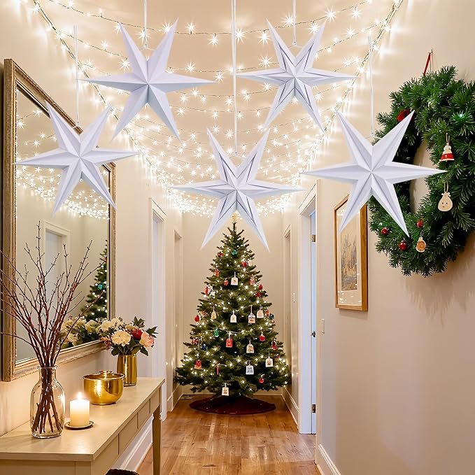 SUNBEAUTY Christmas Paper Stars, 6 Pointed 12 Inch White Color Hanging Paper Star Lanterns, Christmas Decorations Hanging Lamp for Indoor Xmas Tree, Yard, Home Decor Birthday