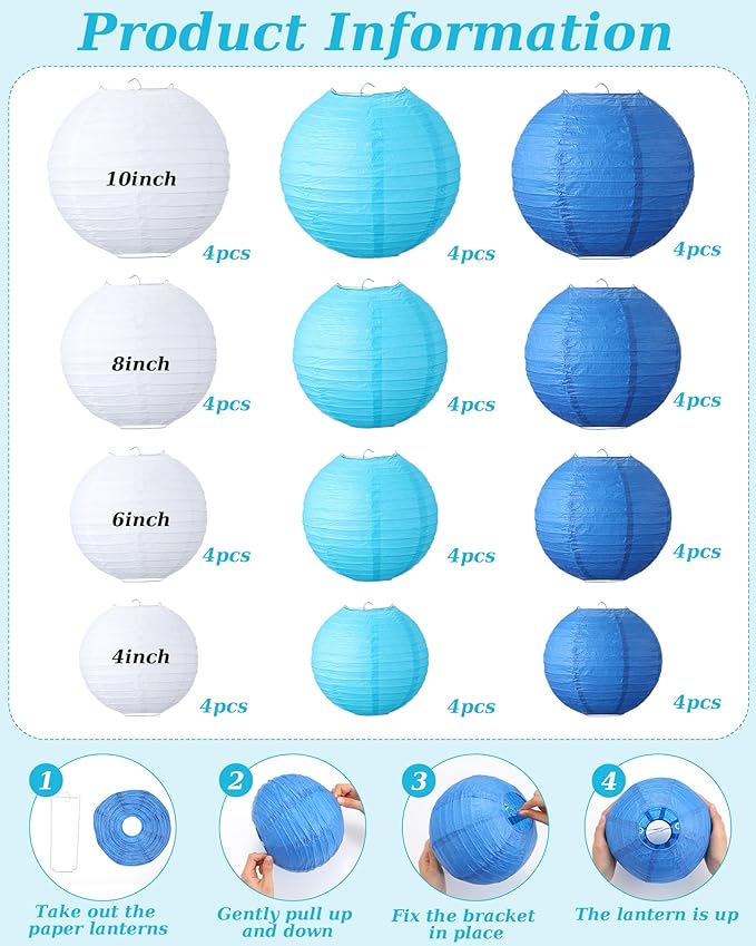 Treela 48 Pcs Paper Lanterns Party Decorations Chinese Round Paper Decor 4/6/8/10 Inch Asian Hanging Lamps Decorative for Birthday Party Wedding Bridal New Year Supplies(Blue,White)