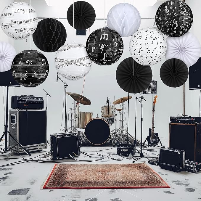 Baquler 18 Pcs Music Party Decoration Hanging Paper Lantern Music Notes Fans Black and White Honeycomb Ball for Rock Roll Concert 50's Theme Party Ceiling Decor Supplies