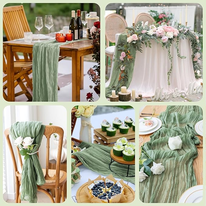 Wokceer Sage Green Cheesecloth Table Runner 10FT Boho Gauze Spring Easter Table Runner Cheese Cloth for Party Wedding Long Rustic Sheer Runners for Baby Bridal Shower