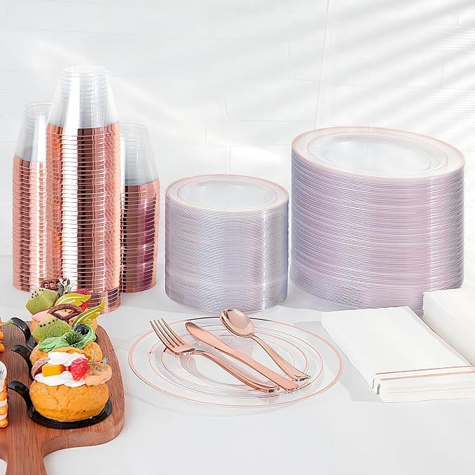 GATHER 350PCS Rose Gold Plastic Plates - Disposable Rose Gold Dinnerware Includes 100 Clear Rose Golds Rimmed Plastic Plates, 150 Silverware, 50 Napkins, 50 Cups for Party, Wedding, Baby Shower