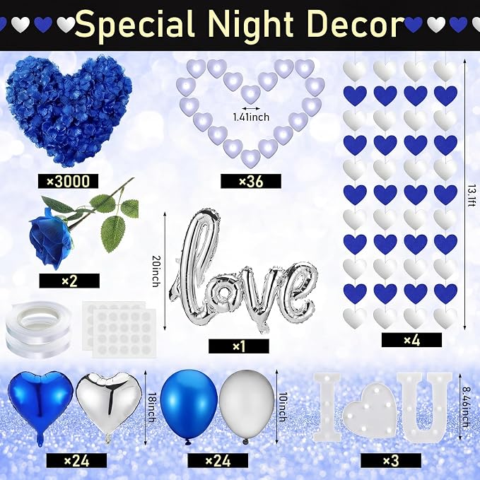 Realspring Blue and Silver Balloons Hotel Room Decor for Special Night Happy Romantic Anniversary Decorations Artificial Rose Petals with Heart Lights Kit for Proposal Engagement Birthday