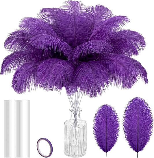 Hanaive 150 Pcs Ostrich Feathers Set Bulk Plumes 12-14 Inch (30-35cm) 70 Pcs Large Ostrich Feathers with 80 Sticks and Tape for DIY Crafts Wedding Home Party Centerpiece Decorations(Purple)
