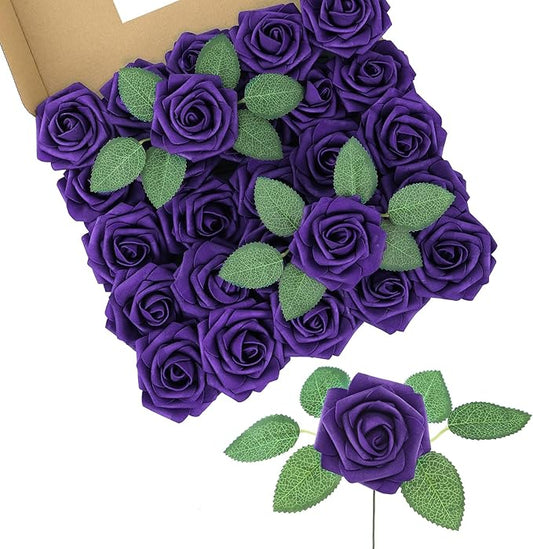 DuHouse 50Pcs Artificial Roses Flowers Fake Roses with Stems Real Touch Foam Flowers for DIY Wedding Bouquet Centerpiece Floral Arrangement Party Home Decor (Dark Purple)