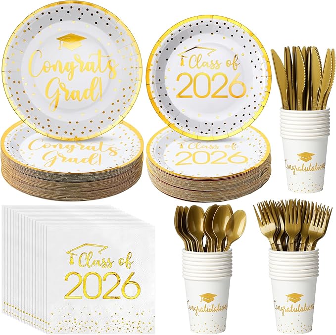 175pcs Class of 2026 Graduation Plates and Napkins Set, Disposable Paper Plate Set Polka Dots Napkin Cups Knife Fork Spoon for Graduation Party Decorations and Supplies,Serve 25 (White Gold)
