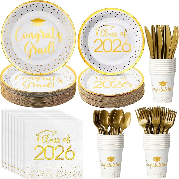 350pcs Class of 2026 Graduation Plates and Napkins Set, Disposable Paper Plate Set Polka Dots Napkins Cups Knife Fork Spoon for Graduation Party Decorations and Supplies,Serve 50 (White Gold)