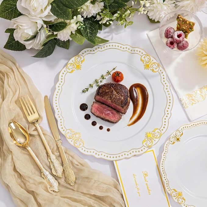 Ciaell 175 PCS White and Gold Plastic Plates - Fancy Gold Disposable Dinnerware Set with of 50 Plastic Plates, 25 Knives, 25 Forks, 25 Spoons, 25 Cups, 25 Napkins for Wedding, Party