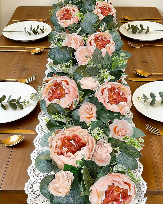 2 Pack 12Ft Artificial Eucalyptus Floral Garland with 16 Flowers Vintage Peony Rose, Pink Fake Flower Greenery Spring Garland Floral Vines for Mantle Wedding Arch Home Table Runner Backdrop Decor