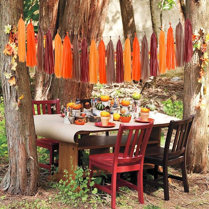 Boho Baby-Shower Burgundy-Brown Orange Party-Decorations - 23pcs Thanksgiving Fall Autumn Tissue Pom Poms Streamers,Neutral Birthday Rustic Wedding Bridal Engagement Tassel Garland Banner Ouruola