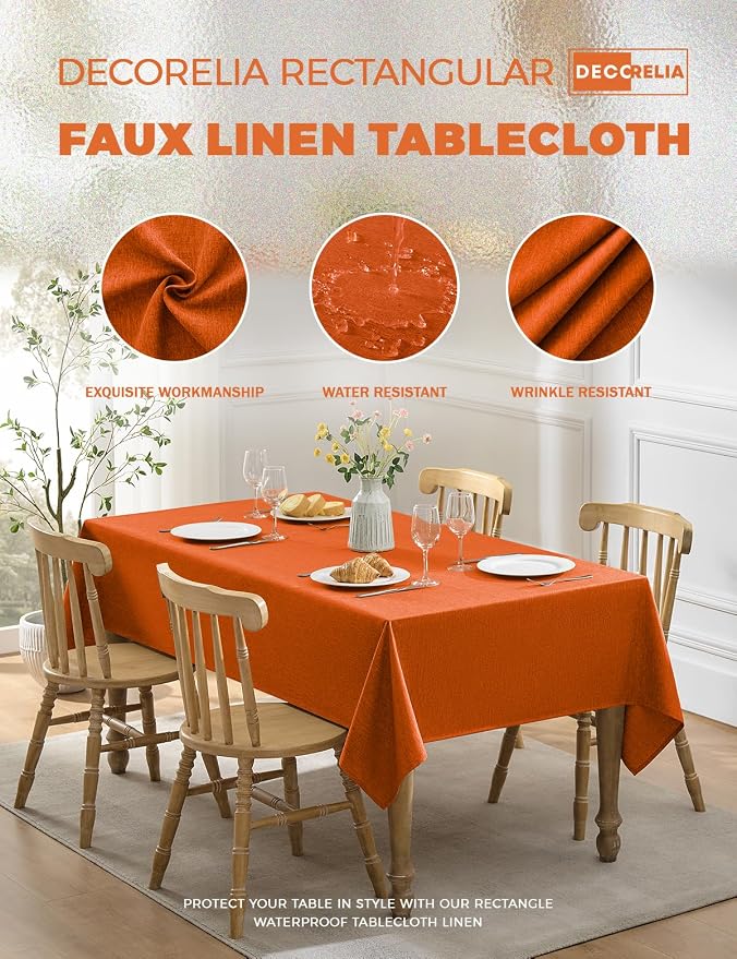 Decorelia Waterproof Faux Linen Rectangle Tablecloth, Spillproof Wrinkle Free Outdoor Reusable Table Cloth for Patio, Holiday, Banquet, Party, Buffet Dinner (Oblong,60 x 120 Inch (10-12 Seats), Rust)