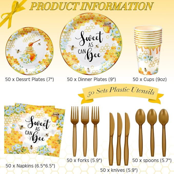 Ziliny 350 Pcs Baby Shower Party Supplies Sweet as Can Bee Paper Plates Napkins Cups and Plastic Cutlery Party Tableware Set for Honey Baby Shower Birthday Decorations, Serves 50