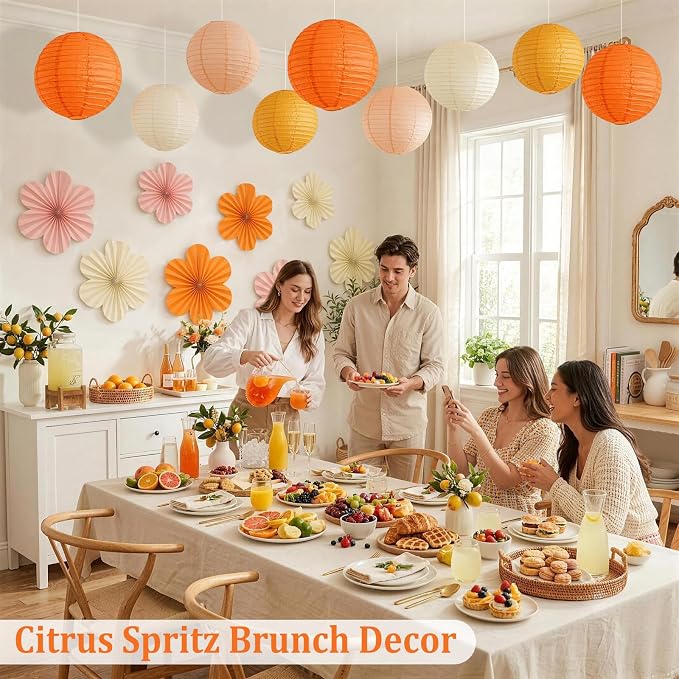 Pink and Orange Party Decorations, 18Pcs Paper Lanterns & Flower Fans Set | 8"-14" layered hanging decor for one sweet birthdays, sunset parties, citrus spritz themes, bridal showers and baby showers