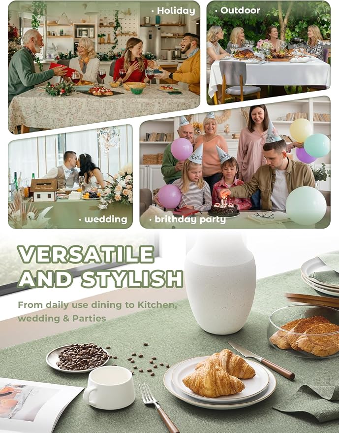 Faux Linen Farmhouse Table Cloth 60"x144" for 10 ft Rectangle Table, Sage Green Waterproof Outdoor Washable Cloth Tablecloth for Rectangular Dining Room Kitchen Outdoor Party Restaurant Table