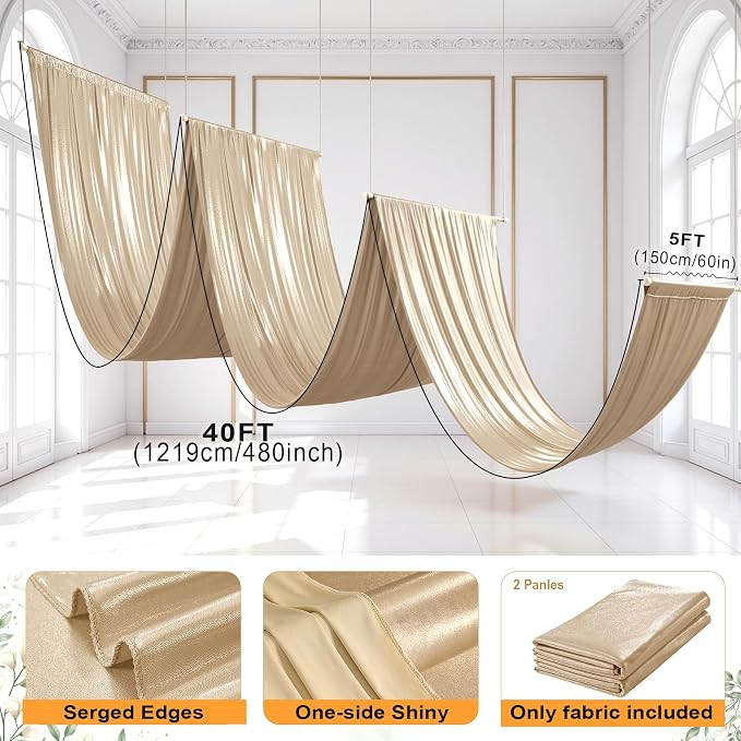 10ftx40ft Champagne Gold Ceiling Curtain for Wedding Parties – 2 Panels Wrinkle-Free 40 FT Long Tent Draping Curtains for Wedding, Birthday & Theme Parties, 40ft Height with Rod Pocket