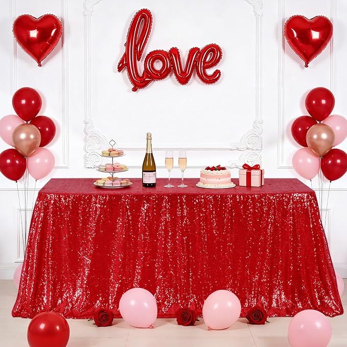 Eternal Beauty Red Tablecloth, 90x132 Inch Sequin Christmas Rectangle Table Cover for Valentines Cake Dessert Exhibition Party Birthday Events