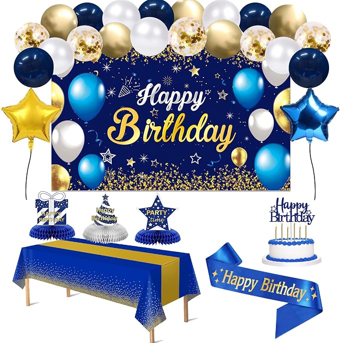 Birthday Decorations Navy Blue Gold - Happy Birthday Banner, Sash, Balloons, Tablecloth, Cake Topper, Candles,Table Decorations - 35pcs Party Decor for Men and Boys